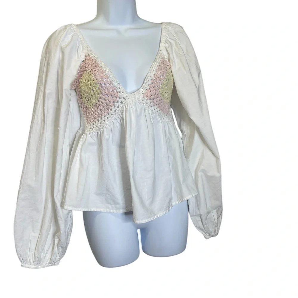 Asos White Crochet Cotton Puff Sleeves Babydoll Cottagecore Hippie Top 4 NWT